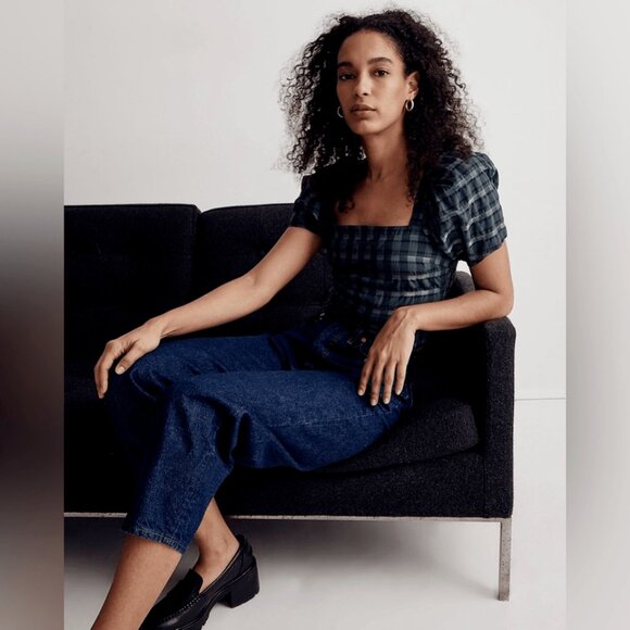 New Madewell Hopewell Puff Sleeve Green Square Neck Crop Top Shirt Size Large - Picture 4 of 10